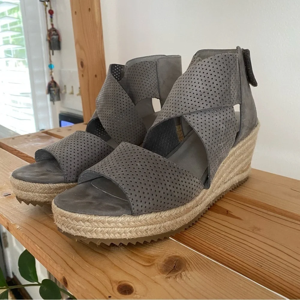 Eileen Fisher Gray Espadrille Willow Wedge 2 Graphite Nubuck Sandals 9 - Picture 6 of 16
